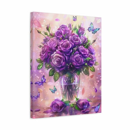 A vertical canvas wall art print featuring a bouquet of purple roses in a clear glass vase with blue butterflies and a soft pink-purple background.