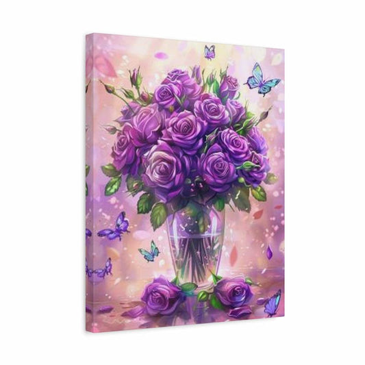 A vertical canvas wall art print featuring a bouquet of purple roses in a clear glass vase with blue butterflies and a soft pink-purple background.
