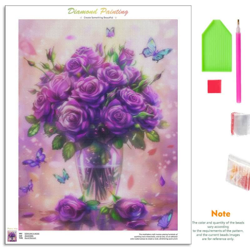 A diamond painting kit sheet featuring a bouquet of purple roses in a glass vase with butterflies, shown alongside included tools and beads: a green palette, pink-handled needle, red adhesive, white tape, and a small bead packet. The sheet has 'Diamond Painting' text at the top and a note on the lower right.