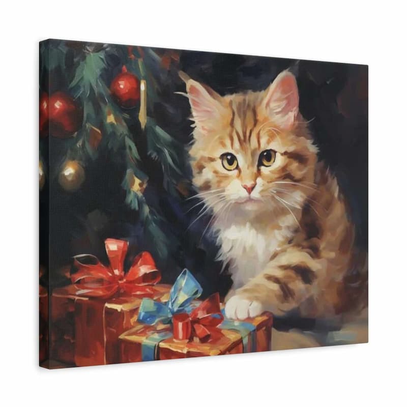 Painting of a cat by a Christmas tree with presents