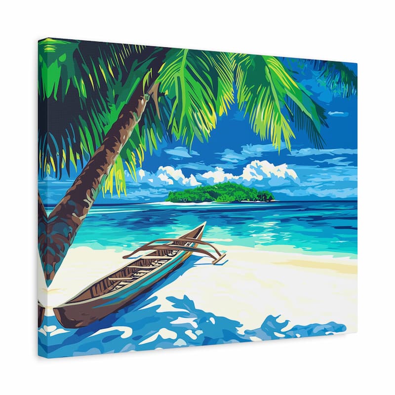 Canvas print of a tropical beach scene with a boat, palm tree, and turquoise water.