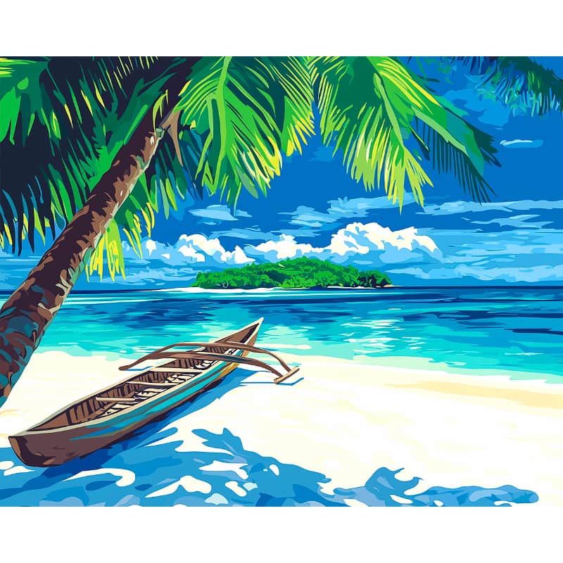 Painting of a tropical beach scene with a boat, palm trees, and clear blue sky.