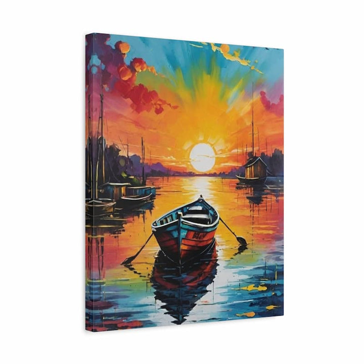 Kit de diamond painting 5D Eaux Calmes montrant un petit bateau en bois sur une eau immobile lors d'un coucher de soleil doré avec des reflets colorés du ciel sur le port