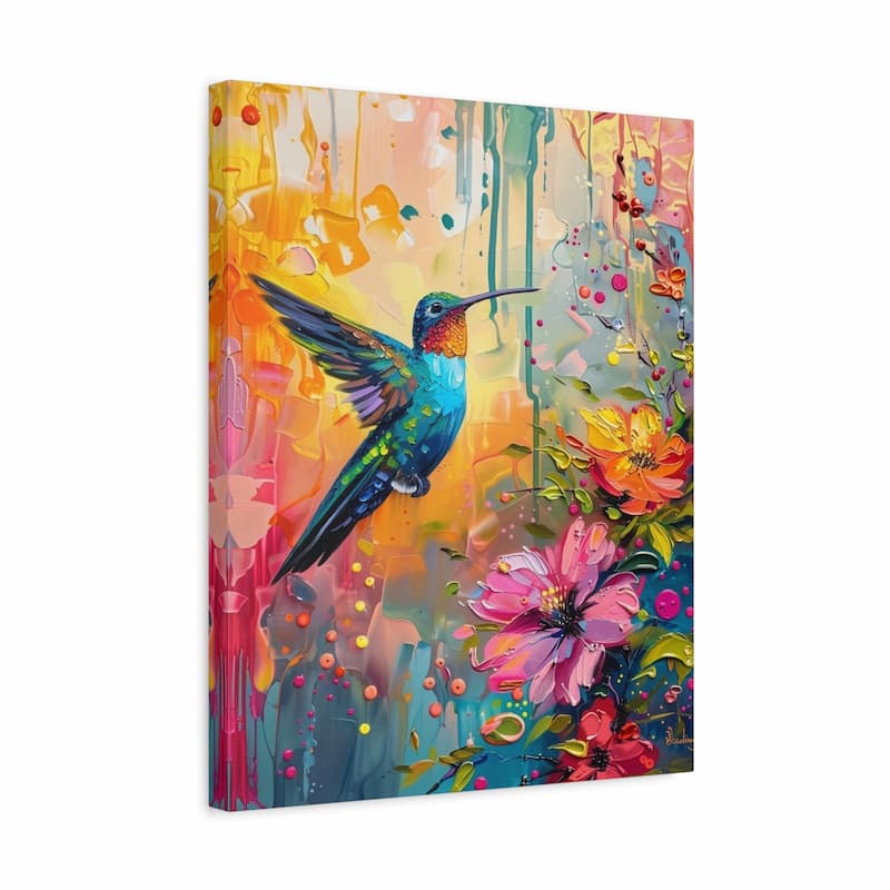 Colorful painting of a hummingbird and flowers on a white background