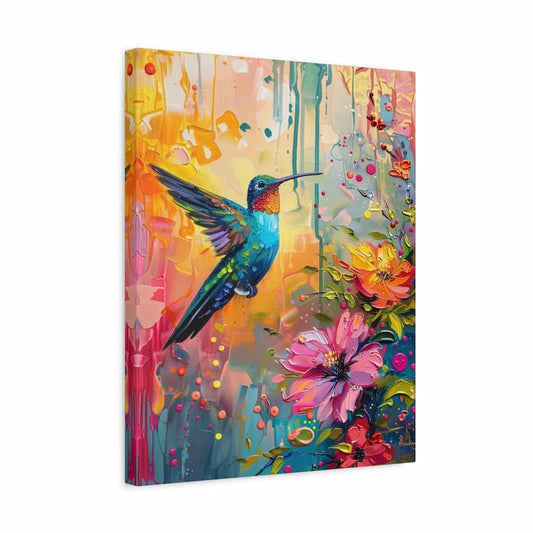 Colorful painting of a hummingbird and flowers on a white background