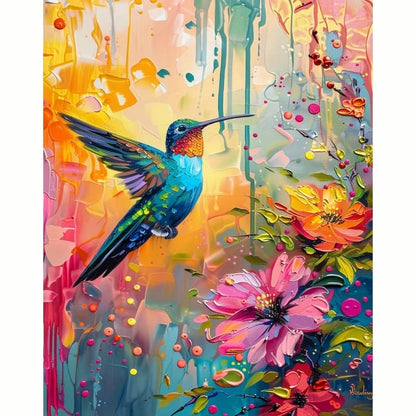 Colorful painting of a hummingbird and flowers on a abstract background