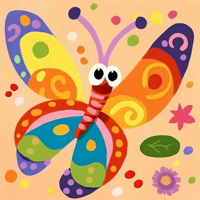 Colorful cartoon butterfly with polka dots on a beige background
