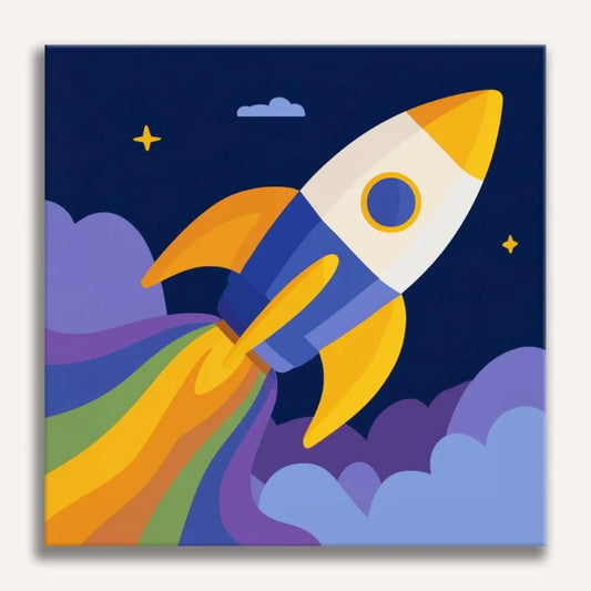 Colorful rocket ship illustration against a night sky with stars and clouds.