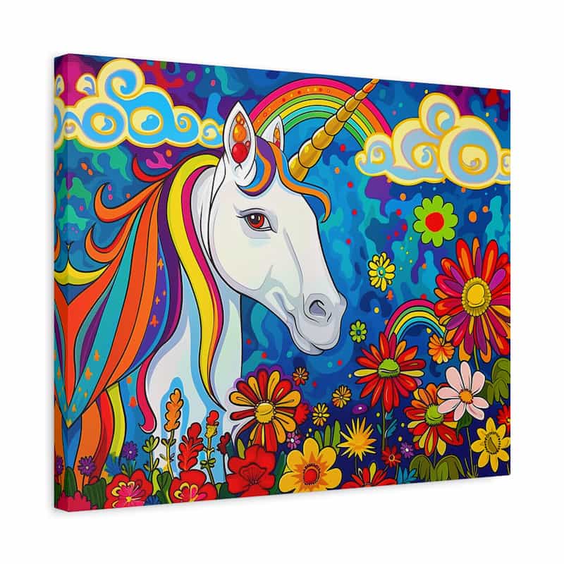 Colorful painting of a unicorn with rainbow hair and flowers on a blue background