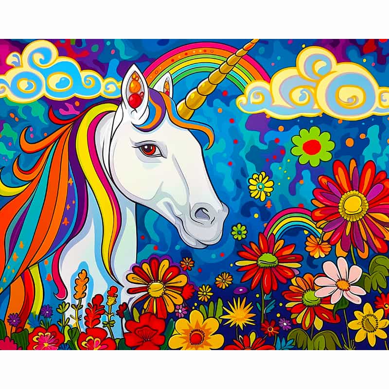 Colorful illustration of a unicorn with a rainbow mane and tail, surrounded by flowers and clouds.