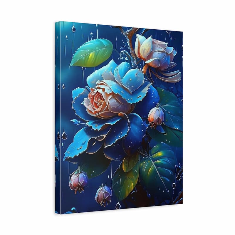 Canvas print with a blue and green floral design on a white background