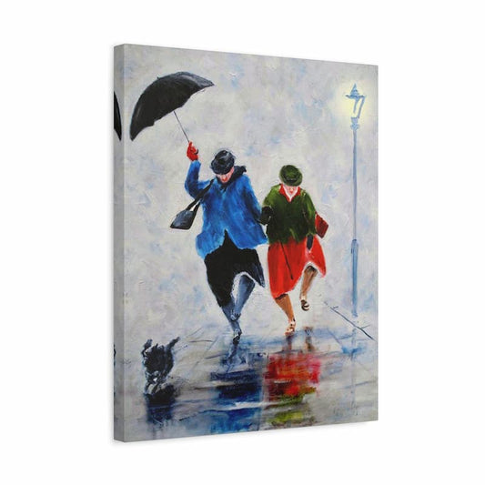 Painting of two people dancing in the rain with an umbrella on a white background