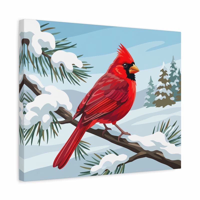 Red cardinal bird on a snowy branch with a winter landscape background