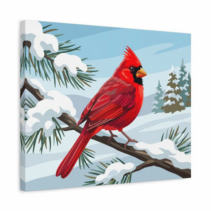 Red cardinal bird on a snowy branch with a winter landscape background