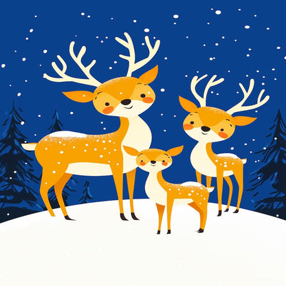 Illustration of a family of deer in a snowy landscape with a blue sky.