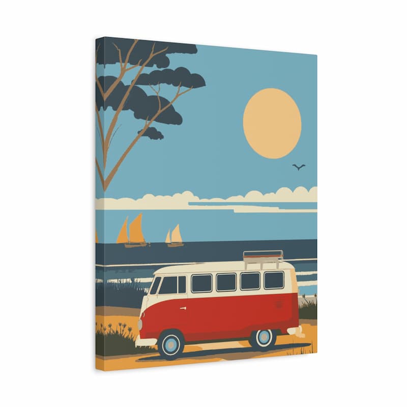 Beach sunset paint by numbers canvas featuring a vintage red camper van by the shore, sailboats on the water, calm ocean waves, and a large sun in a clear sky