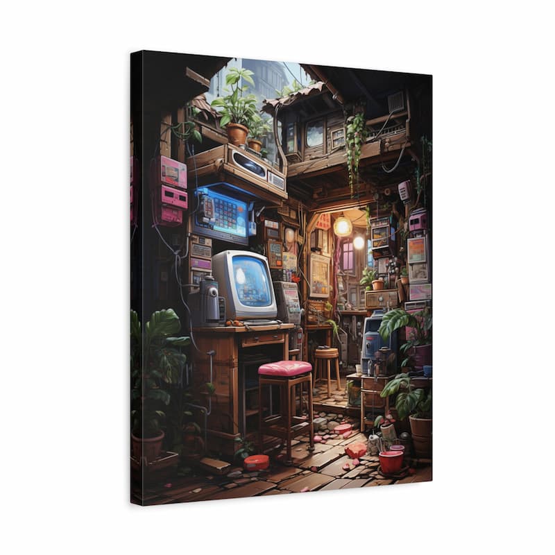 Canvas print of a cozy, cluttered room with vintage electronics and plants.