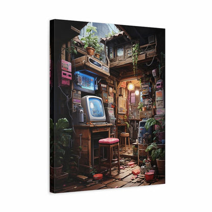 Canvas print of a cozy, cluttered room with vintage electronics and plants.