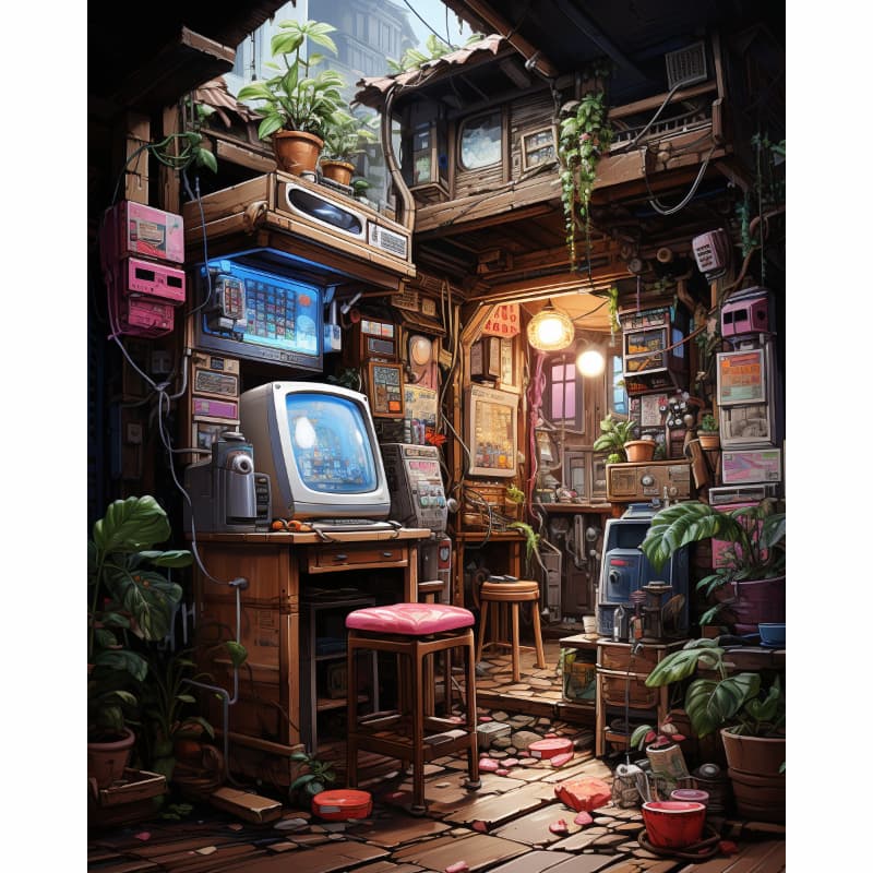 Vintage-style room with retro furniture, computer monitors, and plants.