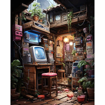 Vintage-style room with retro furniture, computer monitors, and plants.