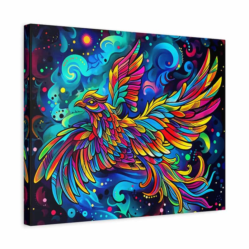 Colorful abstract painting of a phoenix with swirling patterns on a dark background