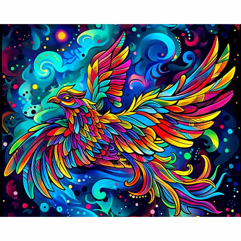 Colorful phoenix illustration on a vibrant, abstract background