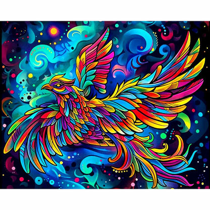 Colorful phoenix illustration on a vibrant, abstract background
