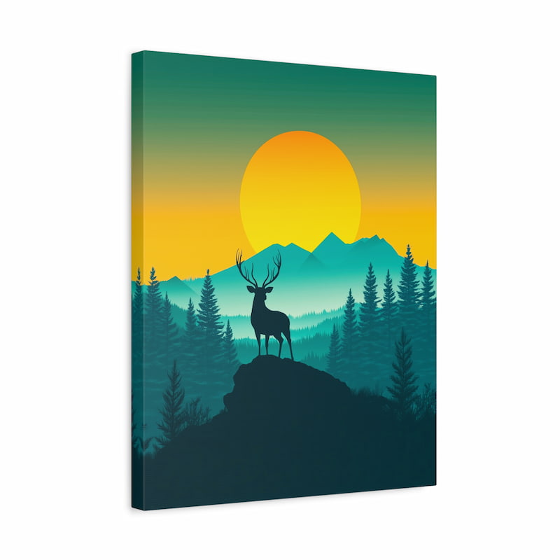 Canvas print with a silhouette of a deer on a rock in a forest at sunset.