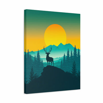 Canvas print with a silhouette of a deer on a rock in a forest at sunset.