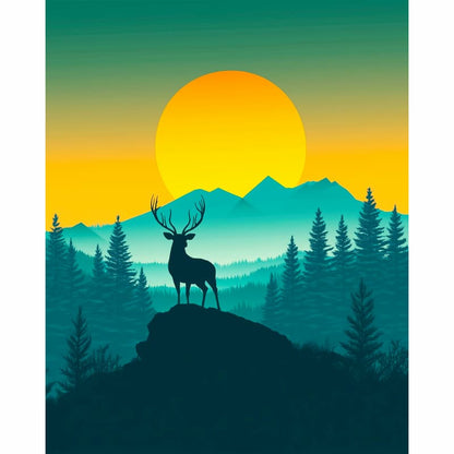 Silhouette of a deer on a rock with a mountain and sunset background