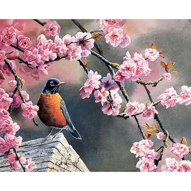 Bird perched on a branch with pink cherry blossoms