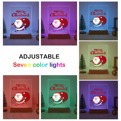 A collage showing the same LED light box in seven different color modes, with Santa Claus artwork on a clear rectangular panel and the words 'Merry Christmas' above it. Large text in the center reads 'ADJUSTABLE Seven color lights.