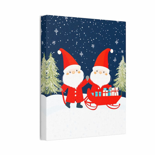 Canvas print with two cartoon Santas in a sleigh against a snowy background