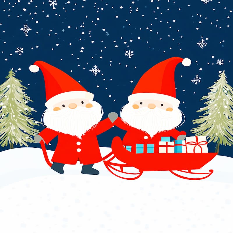 Two cartoon Santas on a sleigh with presents against a snowy night sky.