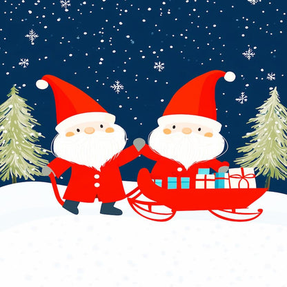 Two cartoon Santas on a sleigh with presents against a snowy night sky.