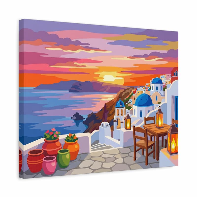 Canvas print of a colorful sunset over a coastal town with white buildings and a table.