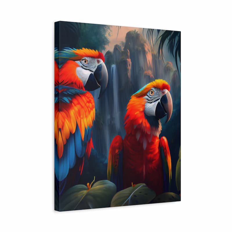 Canvas print of two colorful parrots in a jungle setting with a waterfall.