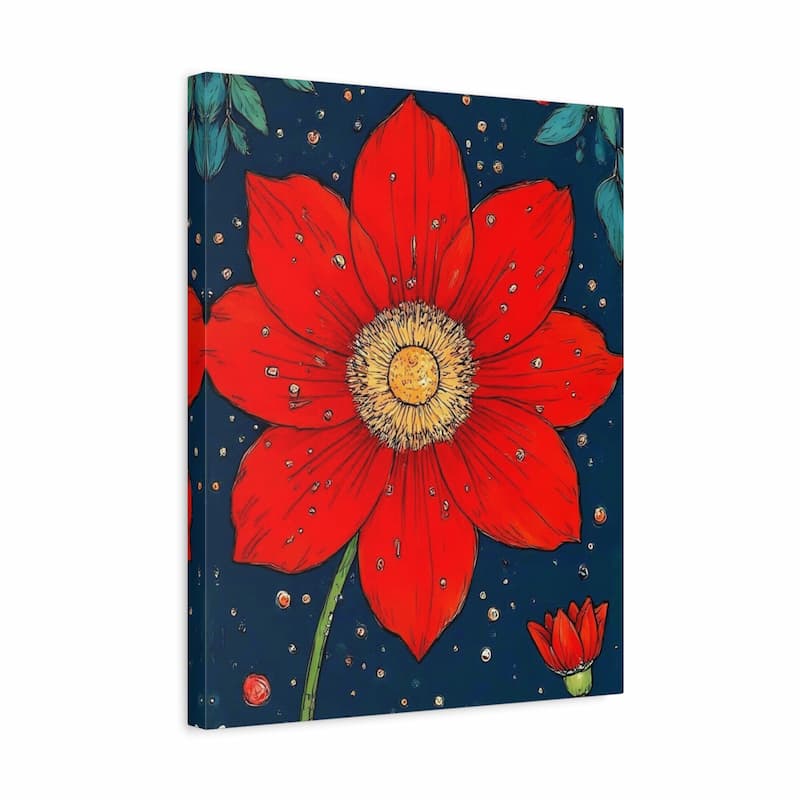 A square canvas wall art print featuring a large red flower with a yellow center on a dark navy blue background with small gold dots and teal leaves.