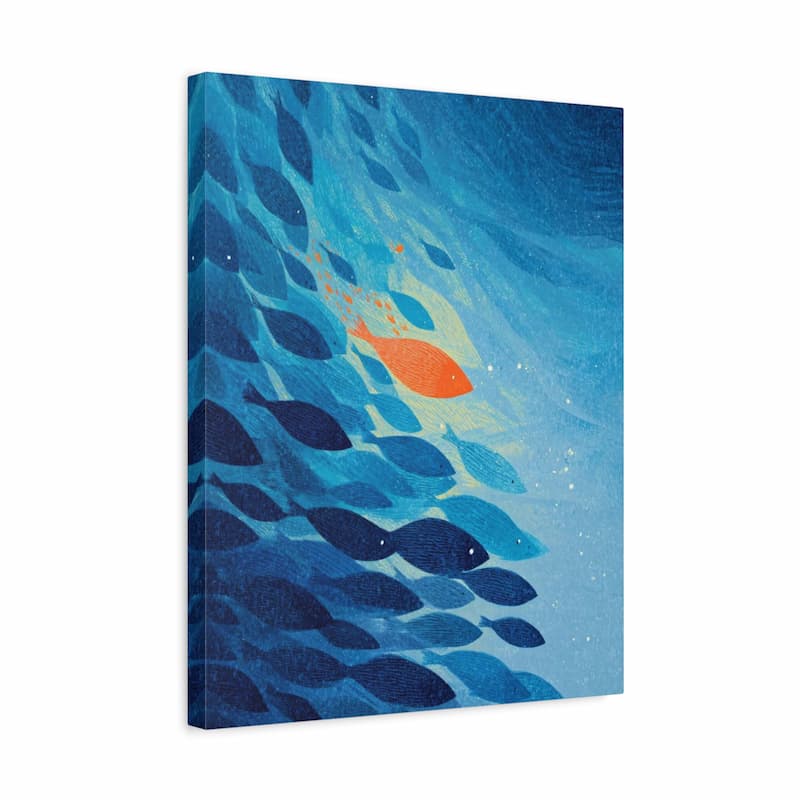Canvas print of a stylized underwater scene with blue fish and an orange fish swimming upwards.