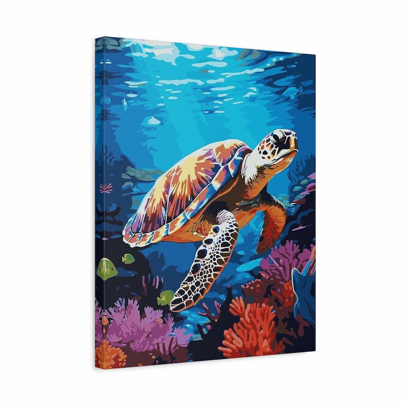 Canvas print of a colorful turtle swimming in an underwater scene with coral.