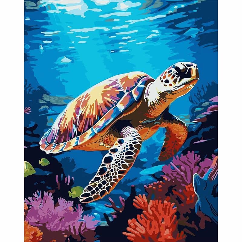 Colorful painting of a sea turtle swimming among corals and fish.