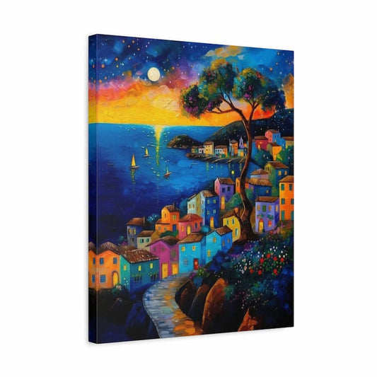 Colourful hillside village overlooking the sea at sunset with a crescent moon - Paint by Numbers Kit shown in a frame
