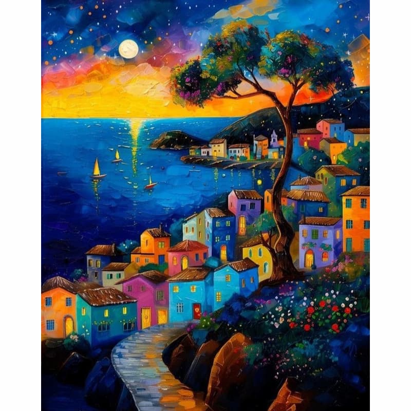 Colourful hillside village overlooking the sea at sunset with a crescent moon - Paint by Numbers Kit