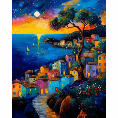 Colourful hillside village overlooking the sea at sunset with a crescent moon - Paint by Numbers Kit