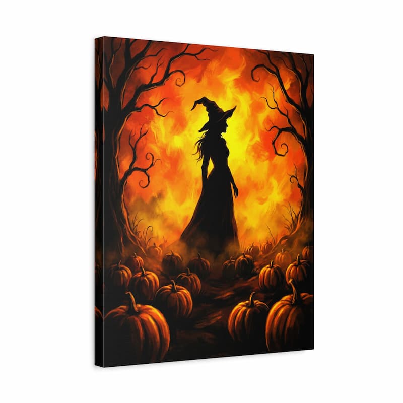 Canvas print of a witch silhouette among pumpkins with a fiery background