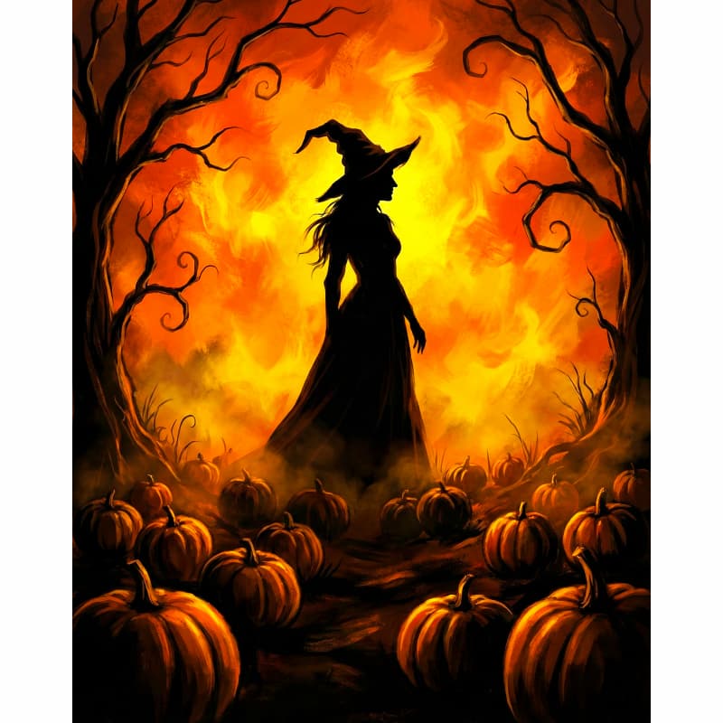 Silhouette of a witch among pumpkins with a fiery background