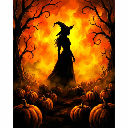 Silhouette of a witch among pumpkins with a fiery background
