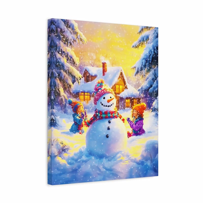 Canvas print of a snowy scene with a snowman and children, featuring a warm glow.