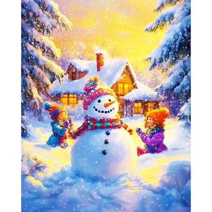 Winter scene with a snowman and children in a snowy village