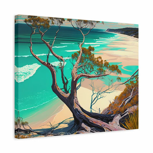 Coastal tree leaning over turquoise water and pale sand on a quiet beach - Paint by Numbers Kit shown in a frame